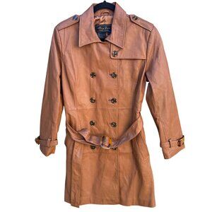Terry Lewis Vintage Womens Leather Brown Double-Breasted Belted Trench Coat S
